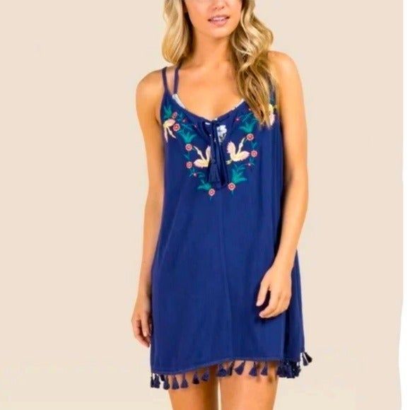 Dresses & Skirts - Francesca's Collection Embroidered Navy blue crane bird dress cover up Sz medium